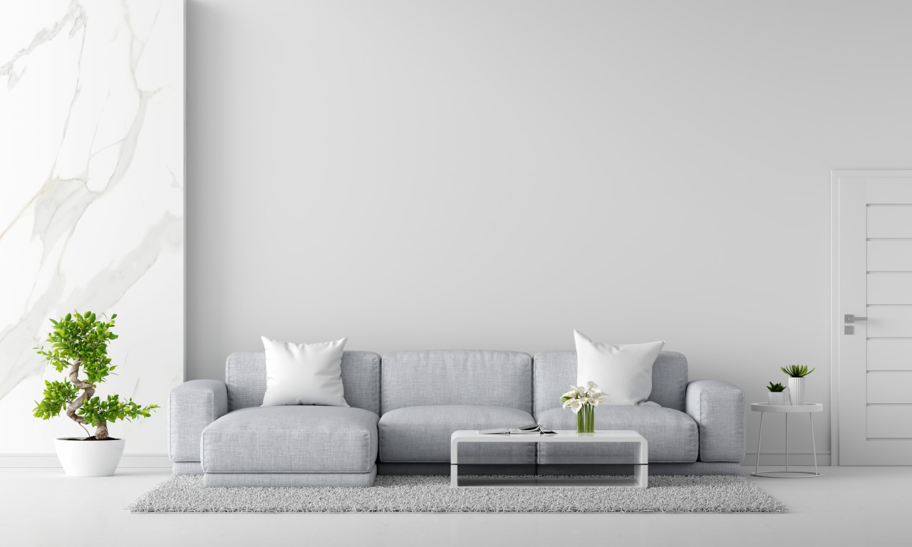 Gray sofa in white living room interior with copy space, 3D rendering